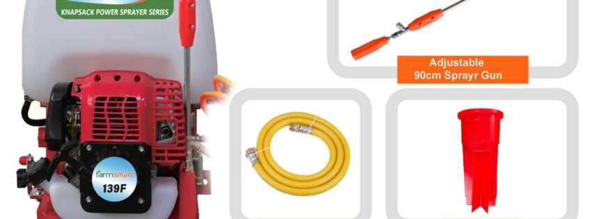 Farmer using FarmSmart Power Sprayer during monsoon season to protect crops.